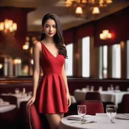 A captivating image of a girl wearing a short red dress in a restaurant setting