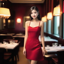 A captivating image of a girl wearing a short red dress in a restaurant setting