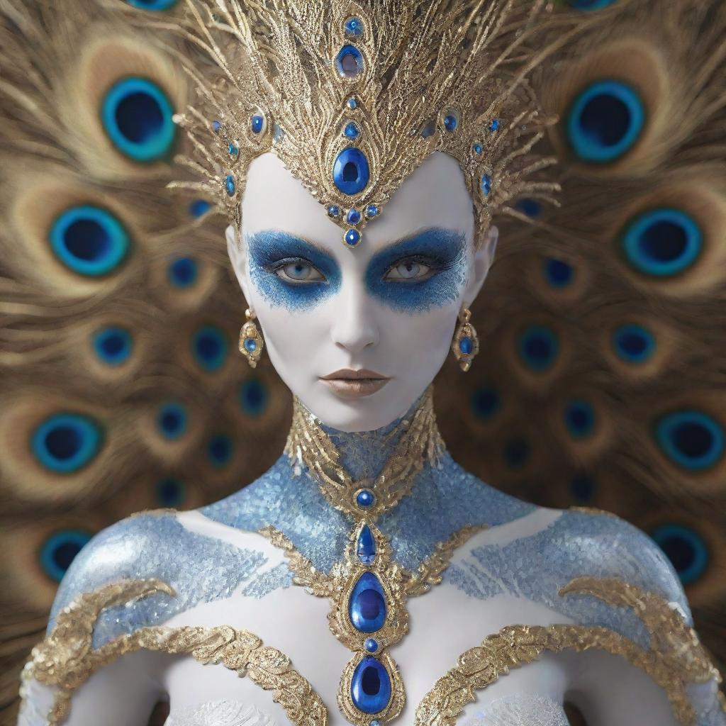 Generate an image of a beautiful alien with piercing blue eyes, dragon-like white porcelain skin, and hair resembling peacock feathers. The figure has visible golden veins, embedded sapphire stones, and fingers in shades of gold and white. Render in a high-resolution, cinematic retro style with ultimate details.