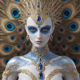 Generate an image of a beautiful alien with piercing blue eyes, dragon-like white porcelain skin, and hair resembling peacock feathers. The figure has visible golden veins, embedded sapphire stones, and fingers in shades of gold and white. Render in a high-resolution, cinematic retro style with ultimate details.