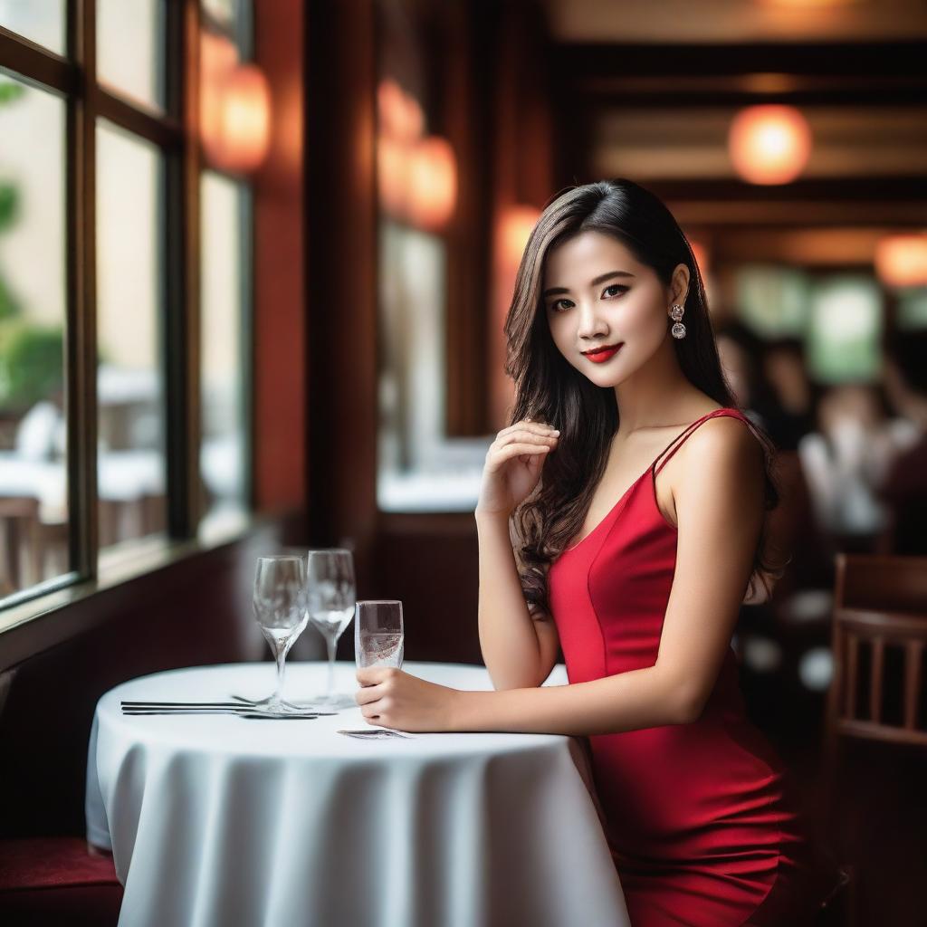 A captivating image of a girl wearing a short red dress in a restaurant setting