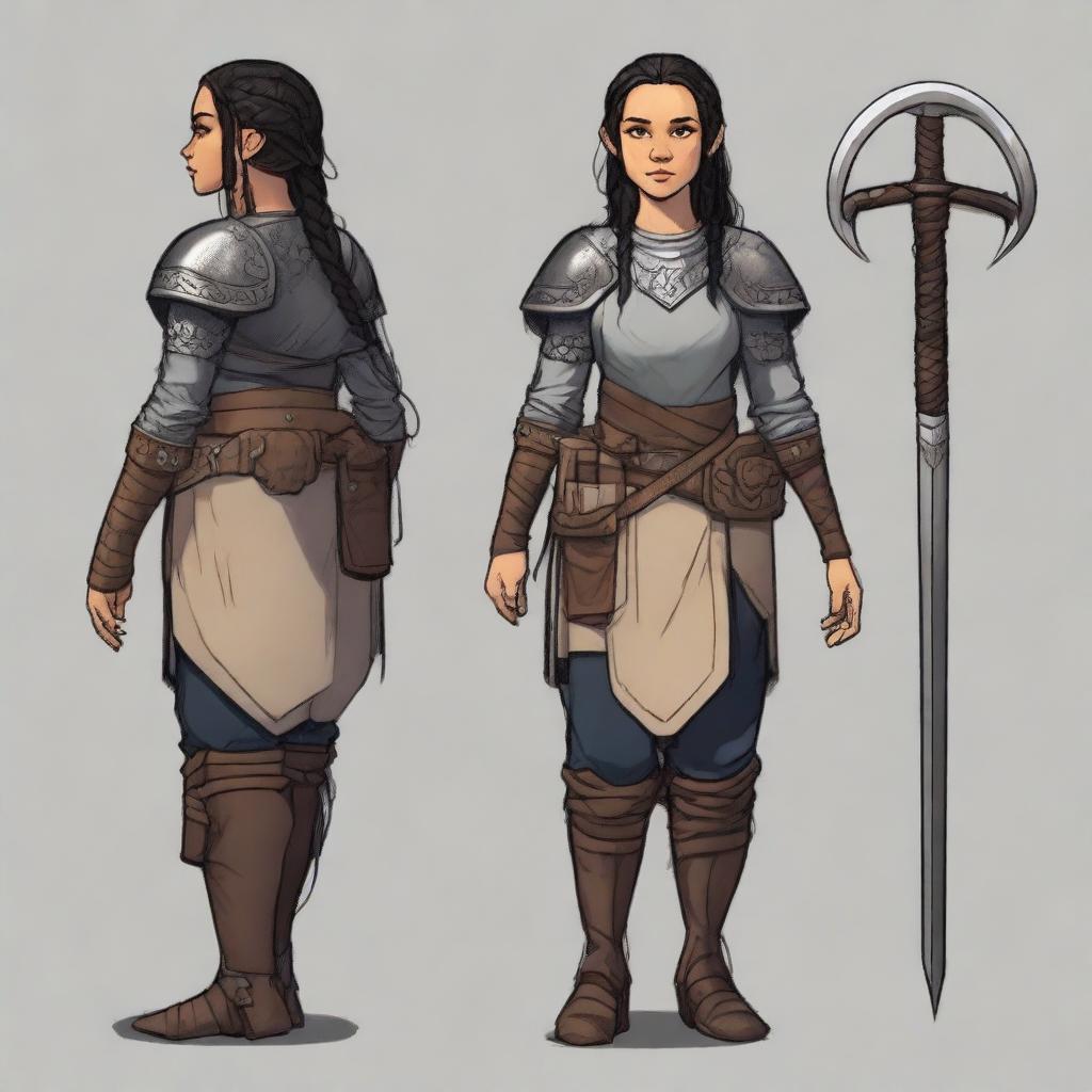 A female dwarf cleric standing at 4 feet tall and weighing 130 pounds