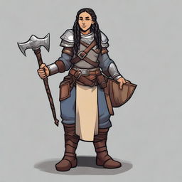 A female dwarf cleric standing at 4 feet tall and weighing 130 pounds