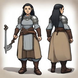 A female dwarf cleric standing at 4 feet tall and weighing 130 pounds