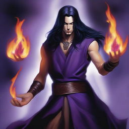 A white-skinned sorcerer with long black hair, wearing a brown sleeveless tunic, a black leather head strap, and a black leather belt