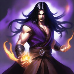 A white-skinned sorcerer with long black hair, wearing a brown sleeveless tunic, a black leather head strap, and a black leather belt