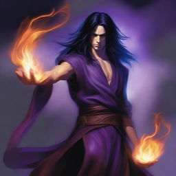 A white-skinned sorcerer with long black hair, wearing a brown sleeveless tunic, a black leather head strap, and a black leather belt