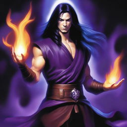 A white-skinned sorcerer with long black hair, wearing a brown sleeveless tunic, a black leather head strap, and a black leather belt