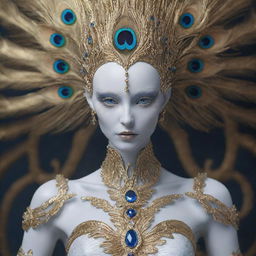 Generate an image of a beautiful alien with piercing blue eyes, dragon-like white porcelain skin, and hair resembling peacock feathers. The figure has visible golden veins, embedded sapphire stones, and fingers in shades of gold and white. Render in a high-resolution, cinematic retro style with ultimate details.