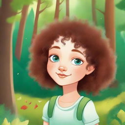 Create a children's book cover featuring a small girl with fair skin, curly hair, heterochromia (one eye of each color), and a beauty mark on her cheek