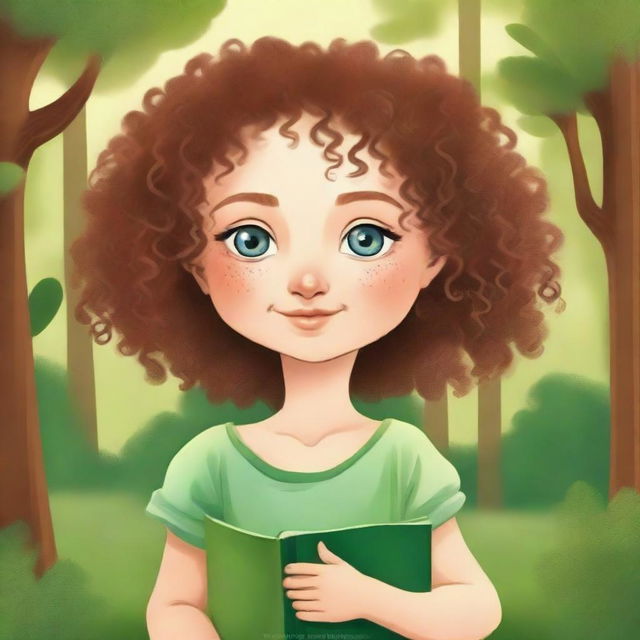 Create a children's book cover featuring a small girl with fair skin, curly hair, heterochromia (one eye of each color), and a beauty mark on her cheek