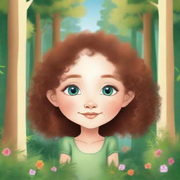 Create a children's book cover featuring a small girl with fair skin, curly hair, heterochromia (one eye of each color), and a beauty mark on her cheek