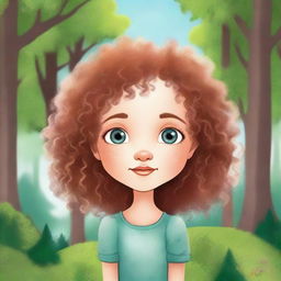 Create a children's book cover featuring a small girl with fair skin, curly hair, heterochromia (one eye of each color), and a beauty mark on her cheek