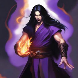 A white-skinned sorcerer with long black hair, wearing a brown sleeveless tunic, a black leather head strap, and a black leather belt