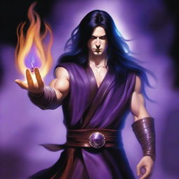 A white-skinned sorcerer with long black hair, wearing a brown sleeveless tunic, a black leather head strap, and a black leather belt