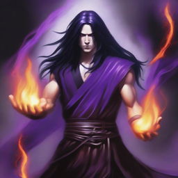 A white-skinned sorcerer with long black hair, wearing a brown sleeveless tunic, a black leather head strap, and a black leather belt