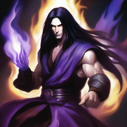 A white-skinned sorcerer with long black hair, wearing a brown sleeveless tunic, a black leather head strap, and a black leather belt