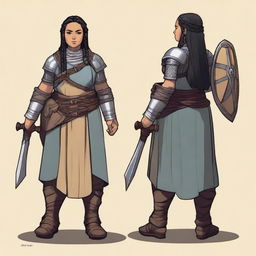 A female dwarf cleric standing at 4 feet tall and weighing 130 pounds