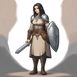 A female dwarf cleric standing at 4 feet tall and weighing 130 pounds