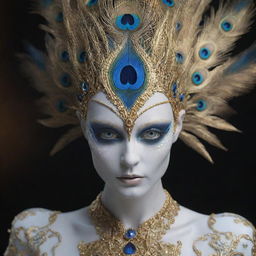 Generate an image of a beautiful alien with piercing blue eyes, dragon-like white porcelain skin, and hair resembling peacock feathers. The figure has visible golden veins, embedded sapphire stones, and fingers in shades of gold and white. Render in a high-resolution, cinematic retro style with ultimate details.