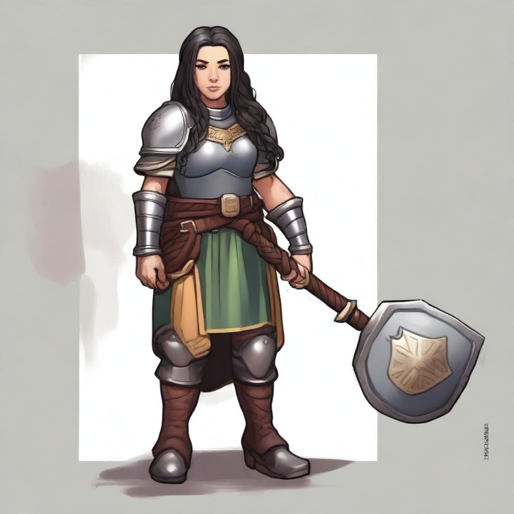 A female dwarf cleric standing at 4 feet tall and weighing 130 pounds