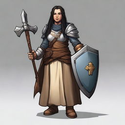 A female dwarf cleric standing at 4 feet tall and weighing 130 pounds