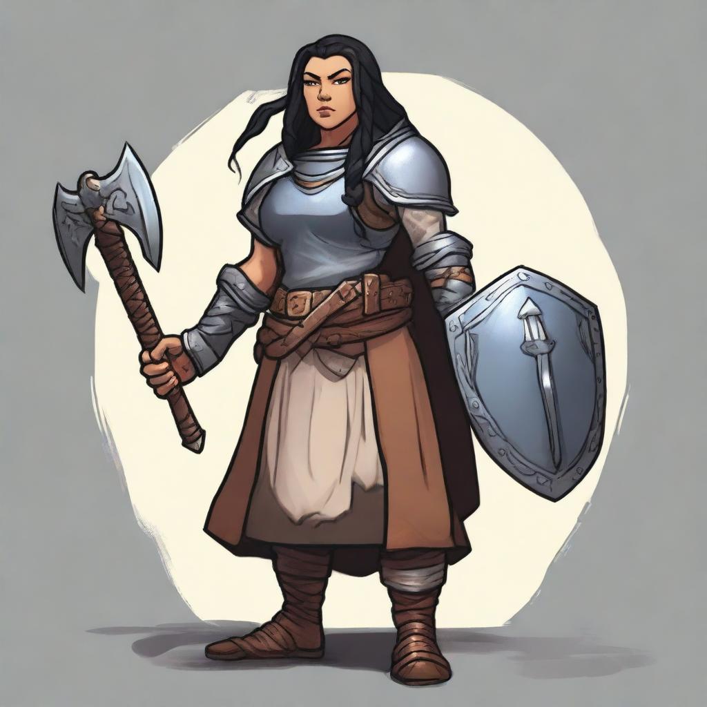 A female dwarf cleric standing at 4 feet tall and weighing 130 pounds