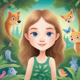 Create a children's book cover featuring a small girl with fair skin, flowing hair, one blue eye and one green eye, and a beauty mark on her cheek