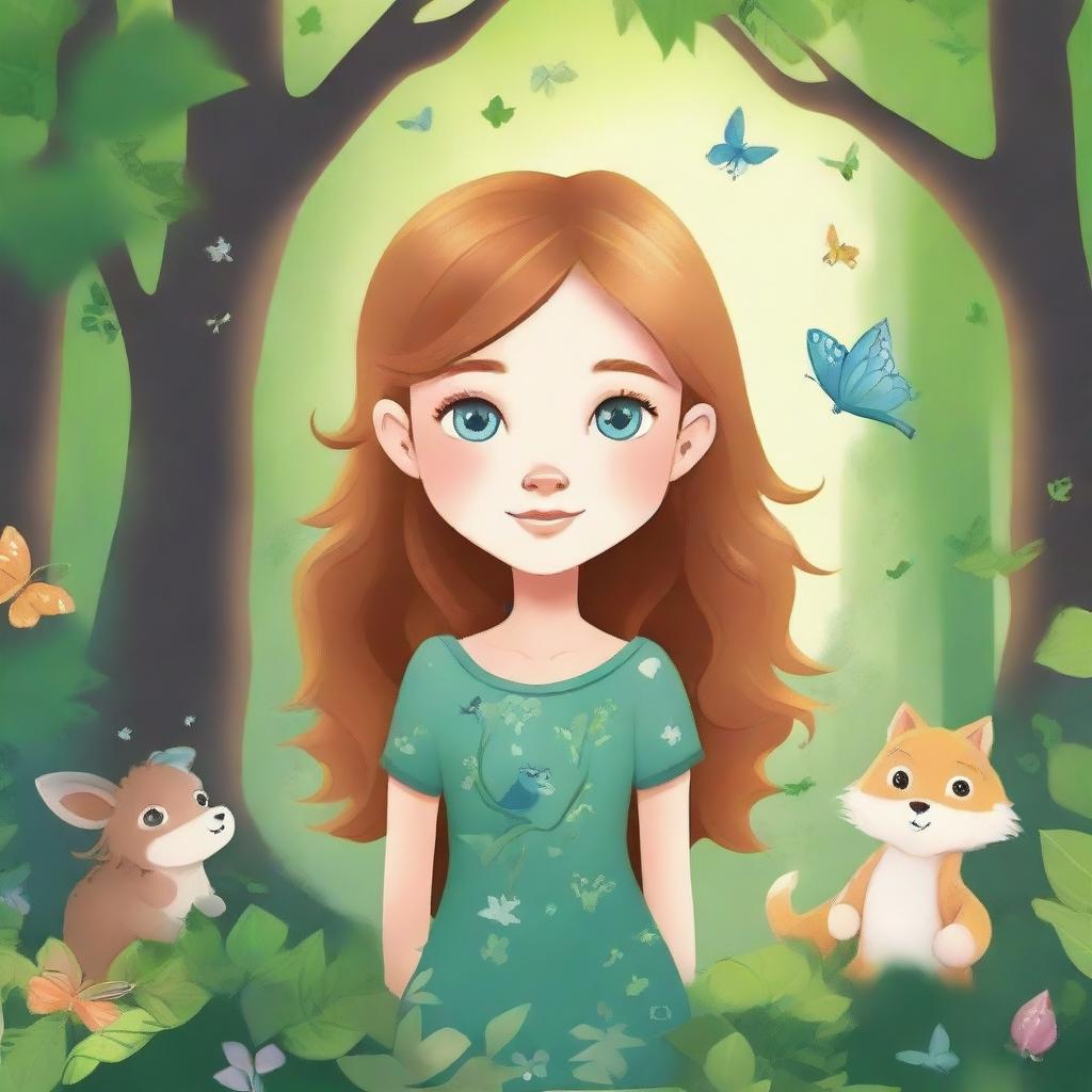 Create a children's book cover featuring a small girl with fair skin, flowing hair, one blue eye and one green eye, and a beauty mark on her cheek