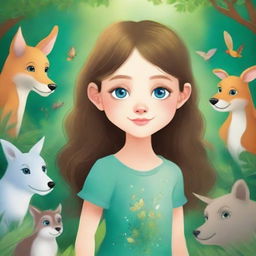 Create a children's book cover featuring a small girl with fair skin, flowing hair, one blue eye and one green eye, and a beauty mark on her cheek