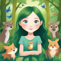 Create a children's book cover featuring a small girl with fair skin, flowing hair, one blue eye and one green eye, and a beauty mark on her cheek