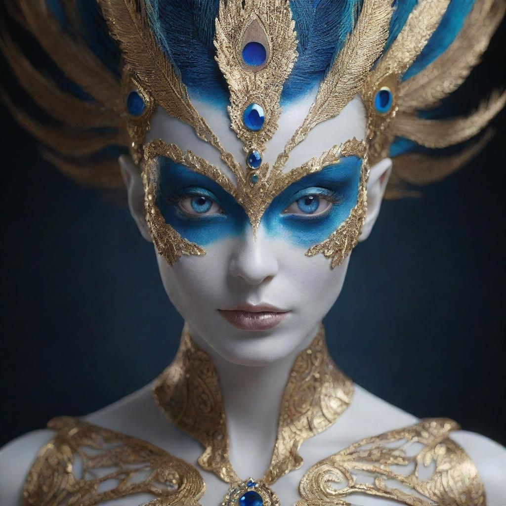 Generate an image of a beautiful alien with piercing blue eyes, dragon-like white porcelain skin, and hair resembling peacock feathers. The figure has visible golden veins, embedded sapphire stones, and fingers in shades of gold and white. Render in a high-resolution, cinematic retro style with ultimate details.