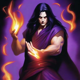 A white-skinned sorcerer with long black hair, wearing a brown sleeveless tunic, a black leather head strap, and a black leather belt