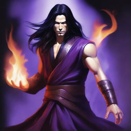 A white-skinned sorcerer with long black hair, wearing a brown sleeveless tunic, a black leather head strap, and a black leather belt