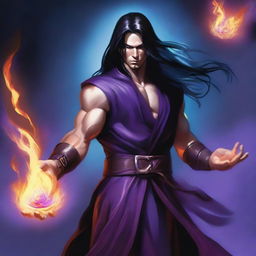 A white-skinned sorcerer with long black hair, wearing a brown sleeveless tunic, a black leather head strap, and a black leather belt