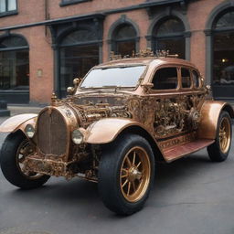 A futuristic car conceptualized in steampunk fashion, complete with intricate brass and copper embellishments, Victorian-themed adornments, and mechanical gears visible on the exterior