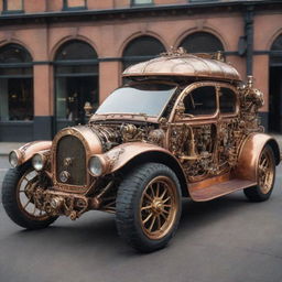 A futuristic car conceptualized in steampunk fashion, complete with intricate brass and copper embellishments, Victorian-themed adornments, and mechanical gears visible on the exterior