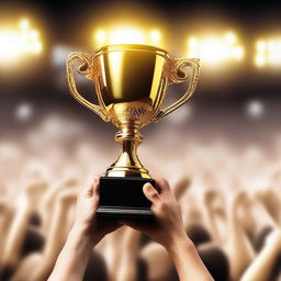 A big gold trophy being held up high above a cheering crowd by a hand and arm