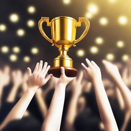 A big gold trophy being held up high above a cheering crowd by a hand and arm