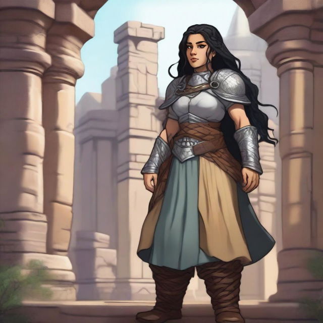 A female dwarf cleric standing at 4 feet tall and weighing 130 pounds