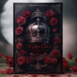 A detailed fantasy book cover featuring a blood-stained crown surrounded by roses under the light of a full moon