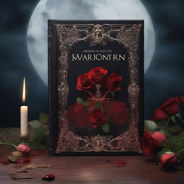 A detailed fantasy book cover featuring a blood-stained crown surrounded by roses under the light of a full moon