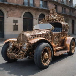 A futuristic car conceptualized in steampunk fashion, complete with intricate brass and copper embellishments, Victorian-themed adornments, and mechanical gears visible on the exterior