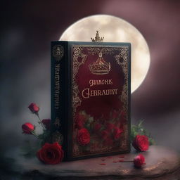 A detailed fantasy book cover featuring a blood-stained crown surrounded by roses under the light of a full moon