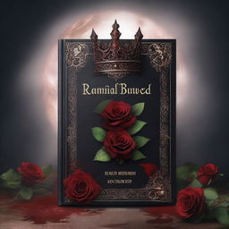 A detailed fantasy book cover featuring a blood-stained crown surrounded by roses under the light of a full moon