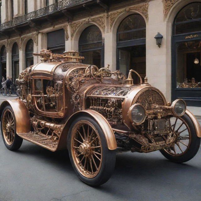 A futuristic car conceptualized in steampunk fashion, complete with intricate brass and copper embellishments, Victorian-themed adornments, and mechanical gears visible on the exterior