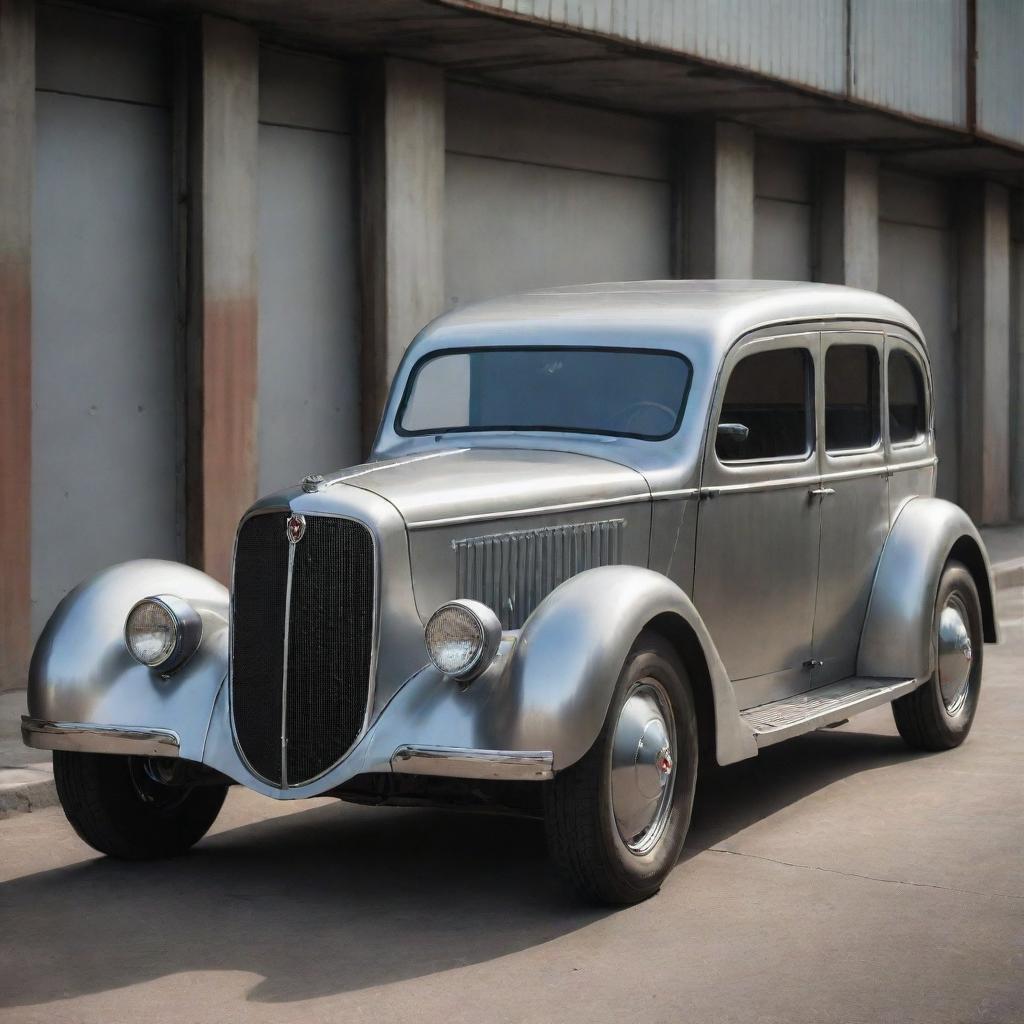 A car inspired by the dieselpunk genre with streamlined metal design, riveted steel paneling, large diesel engine, and an overall industrial aesthetic