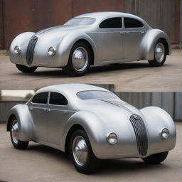 A car inspired by the dieselpunk genre with streamlined metal design, riveted steel paneling, large diesel engine, and an overall industrial aesthetic