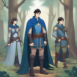 In a dense, enchanted forest, a group of four characters stands ready for an adventure