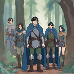 In a dense, enchanted forest, a group of four characters stands ready for an adventure